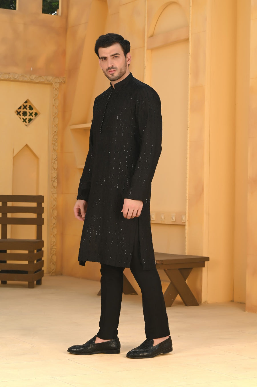 Dasht black embroidered kurta trouser full body front