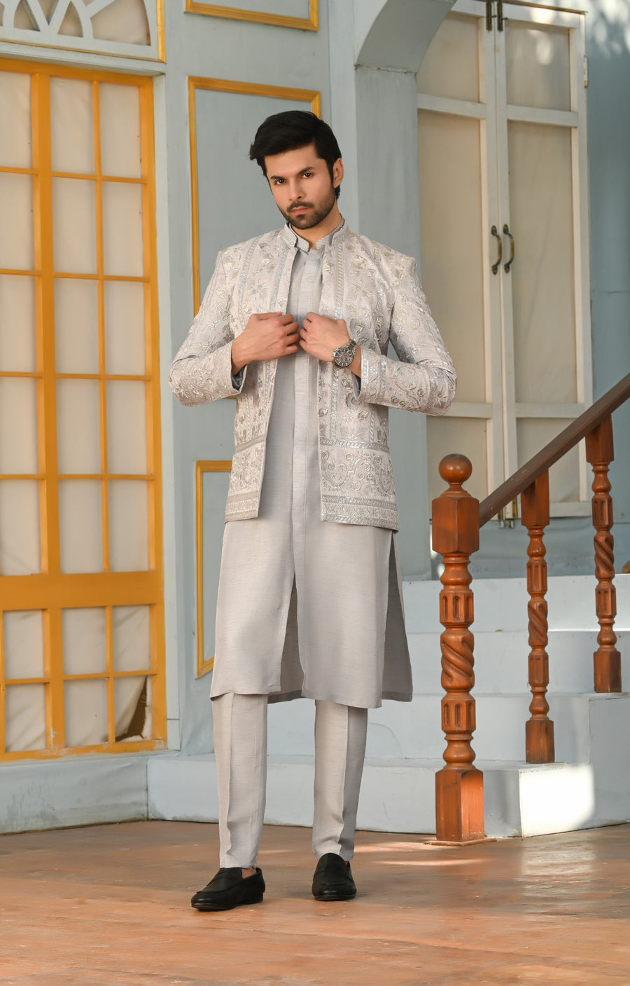 Hayat silver grey kurta trouser with embroidered Prince Coat full set