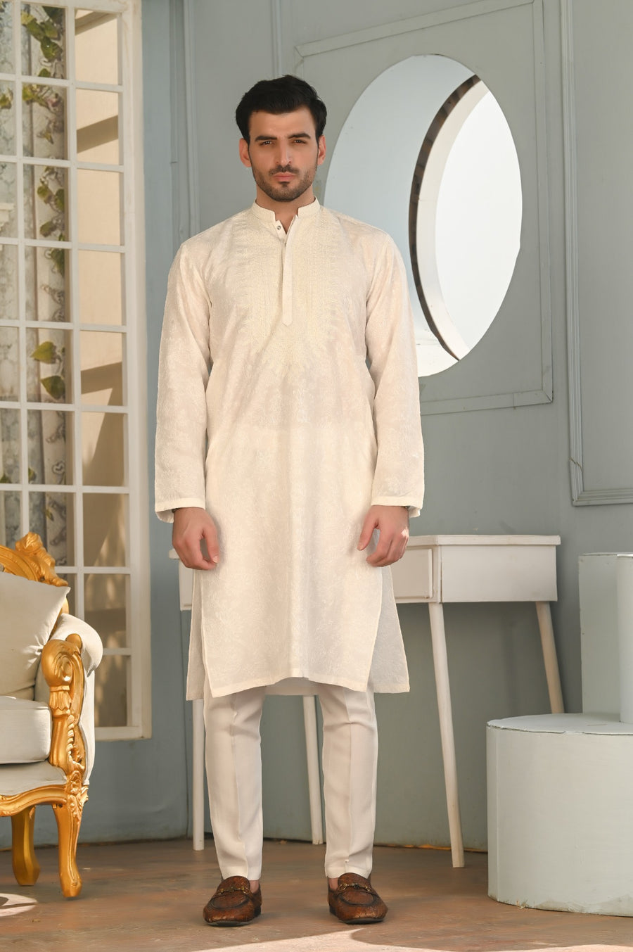 Qalb ivory cream men's kurta trouser full body front