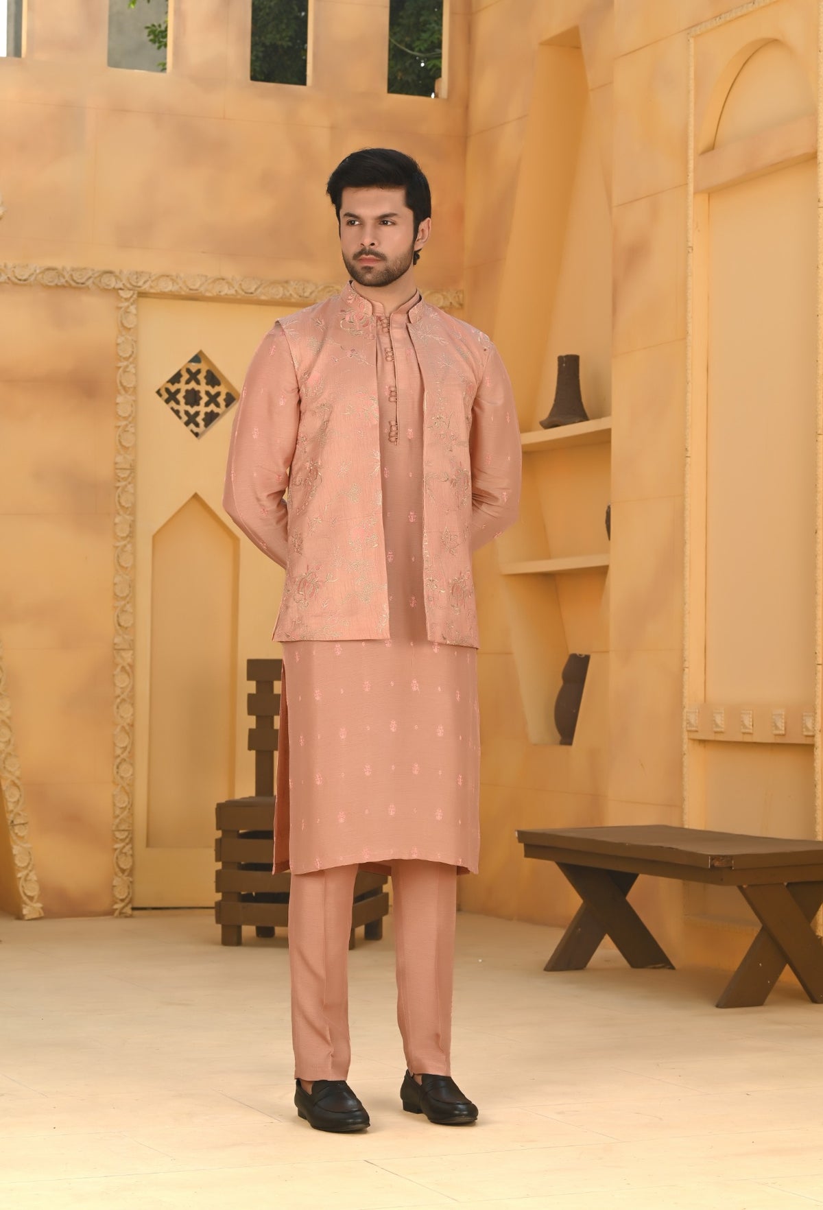 Tarz soft peach men's eastern wear full set front