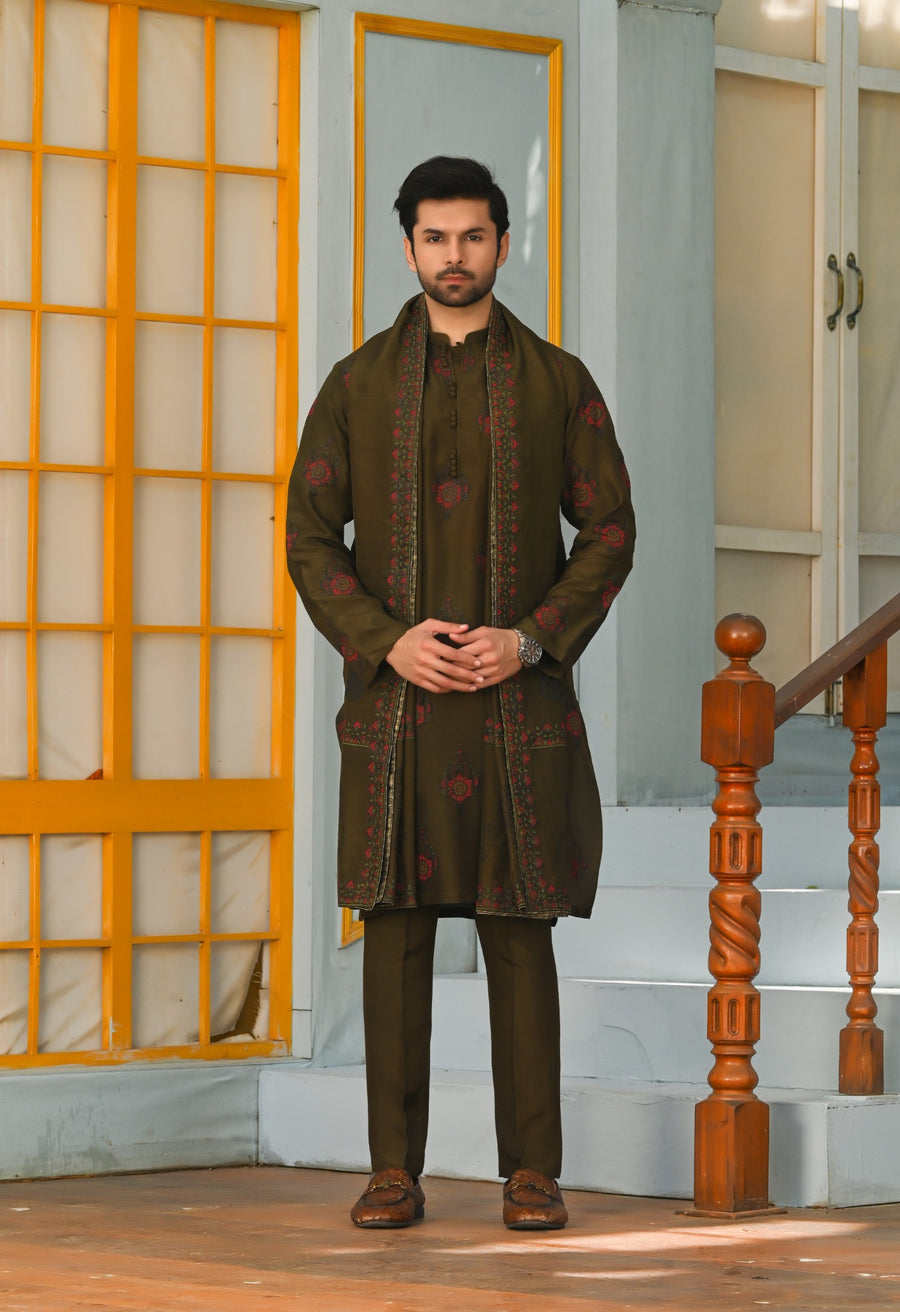 Zerqa dark olive green men's kurta trouser with matching shawl